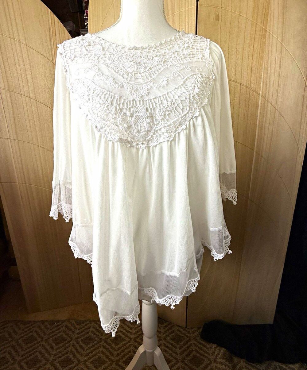 Vintage Y2K Its Pink White Crochet Mesh Babydoll Top L Fairycore Whimsigoth⁠